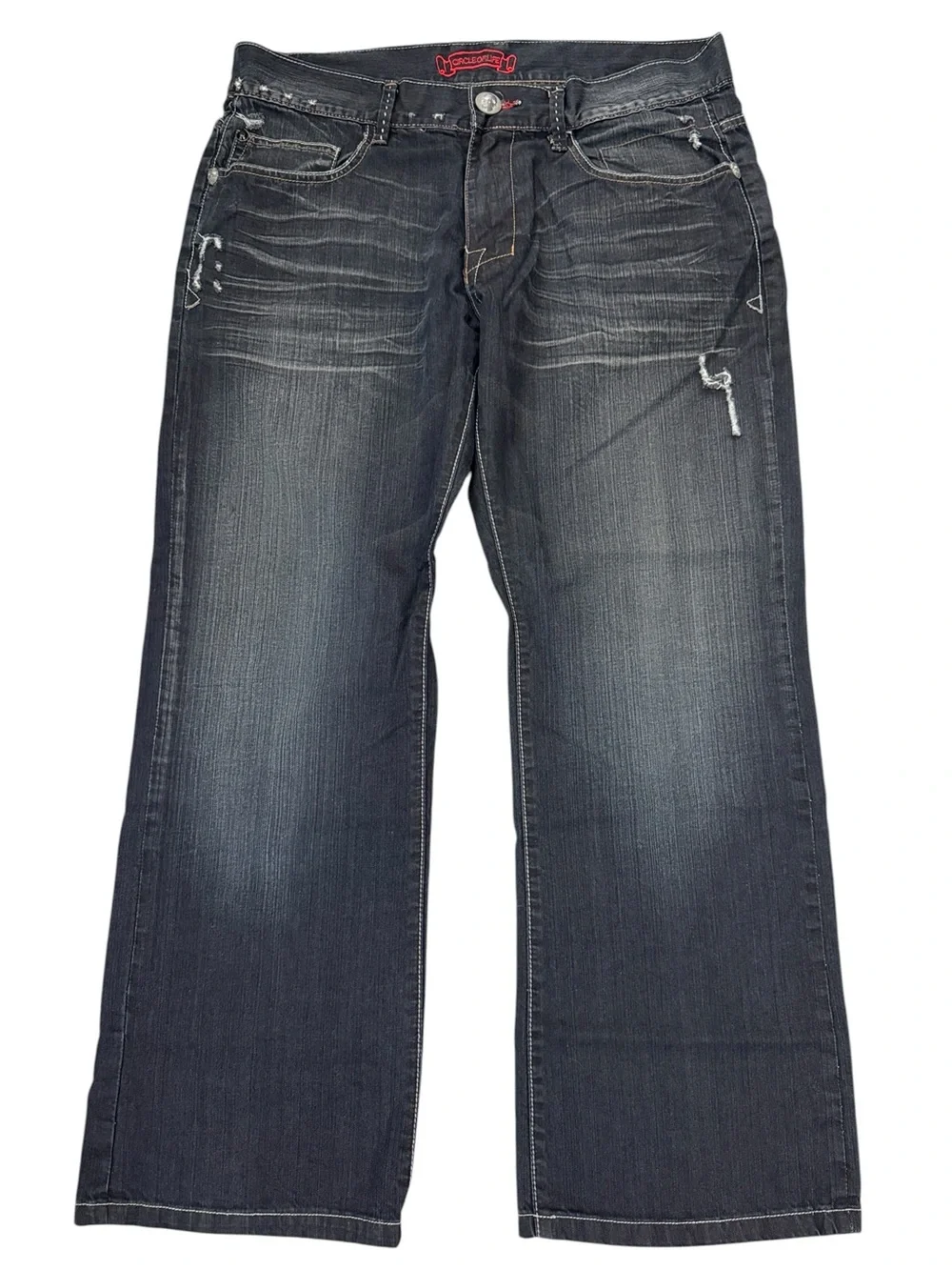 Y2K Circle Of Life Surf Crazy Skull Flap Pocket Jeans 38x31 Distressed Blue